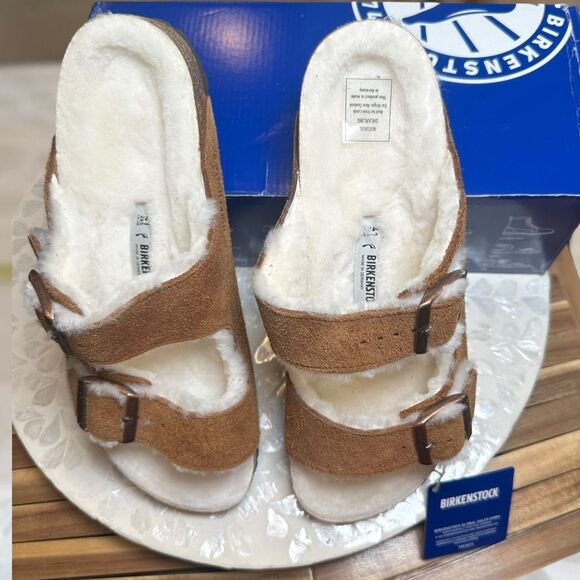 Birkenstock Arizona Shearling Mink Suede Leather Slip-On  Slides Sandals Unisex - Picture 8 of 12